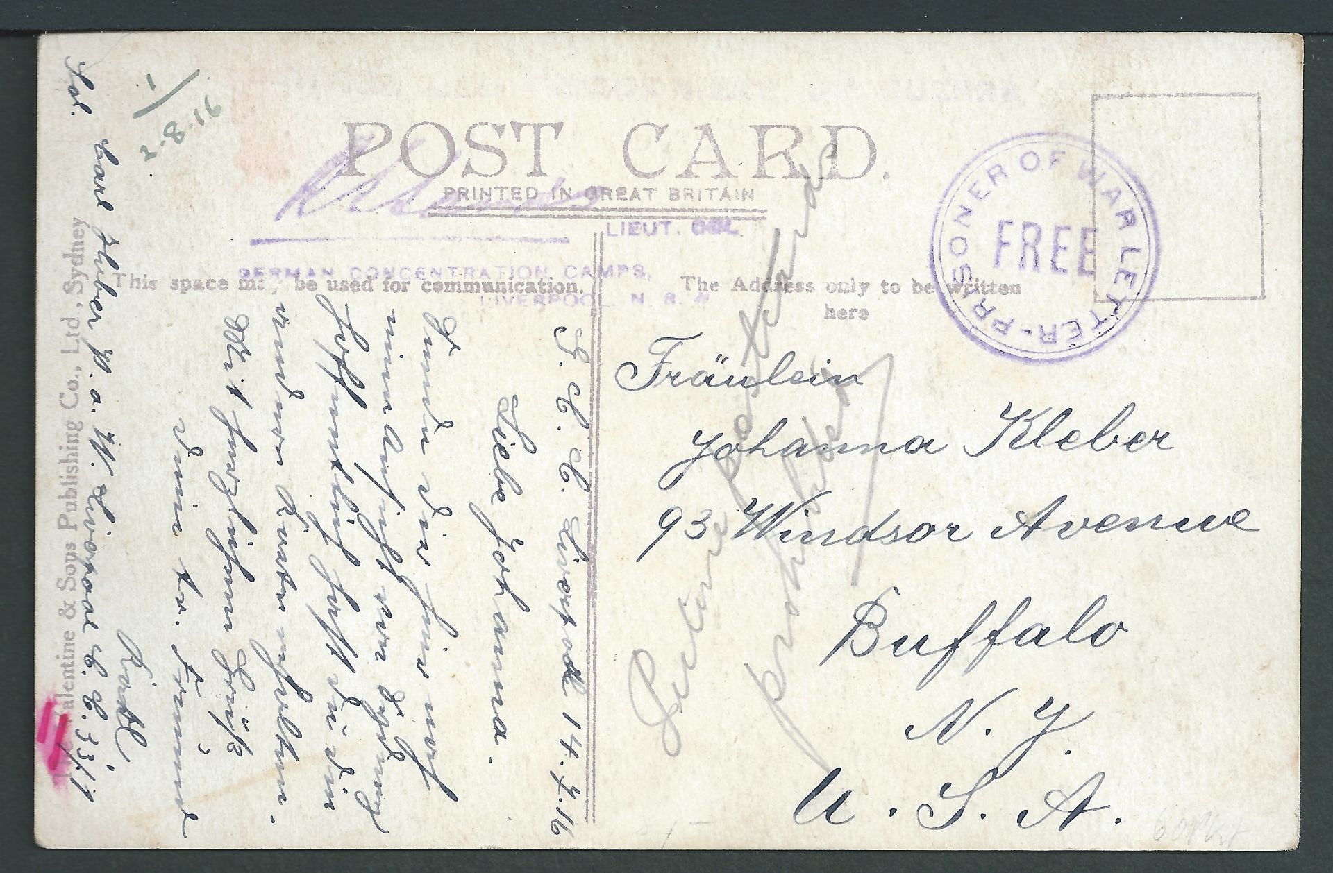 Australia 1916 Stampless picture postcard from a German P.O.W. in Liverpool Camp to Germany