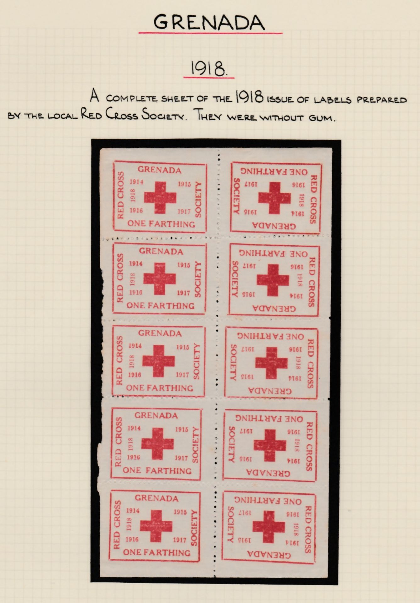 Grenada 1914-18Red Cross Society labels including One Fraction labels (12, including a sheet of ten) - Image 2 of 6