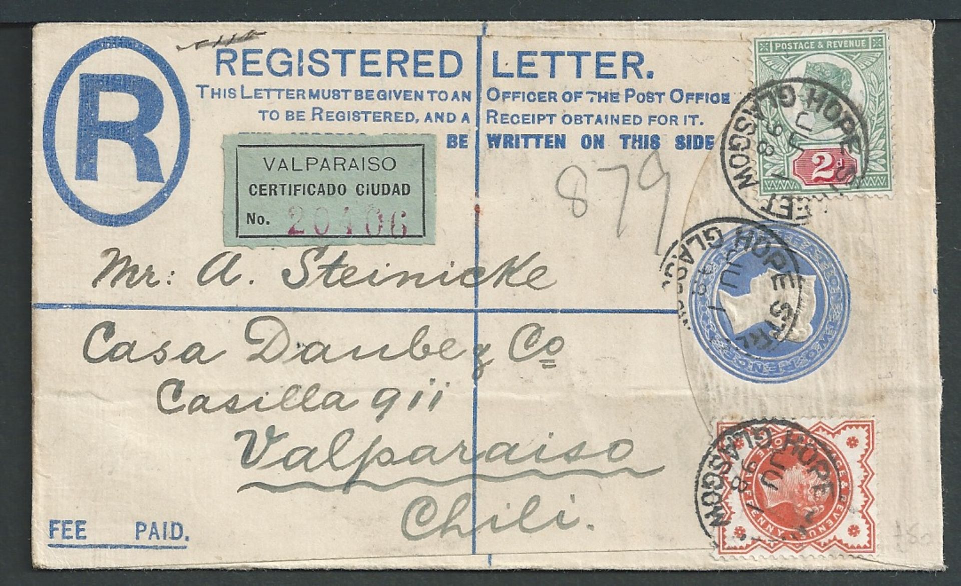 G.B. - Registeted 1898 2d size F registration envelope and affixed 1887 1/2d, 2 1/2d,