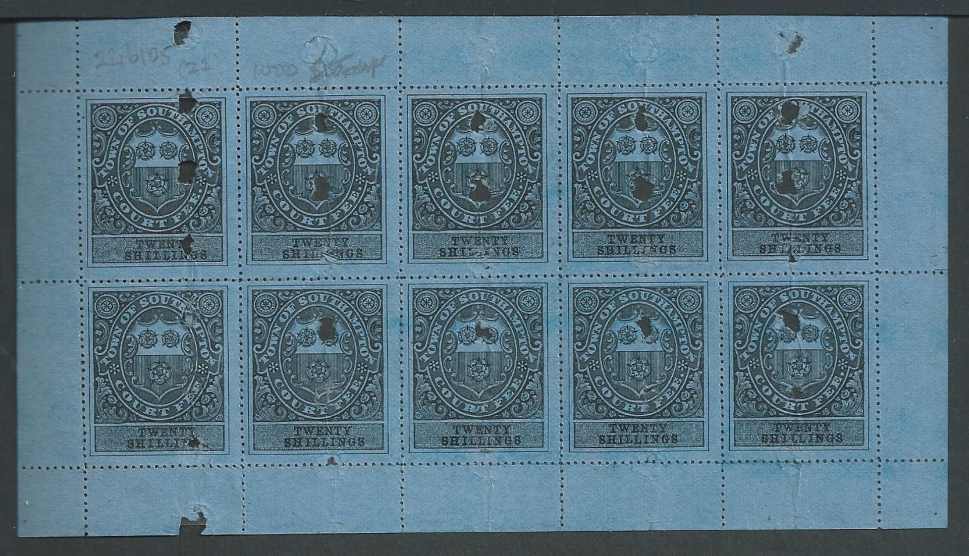 G.B. - Revenues 1878 Southampton Court Fee 20/-, proof sheet of 10