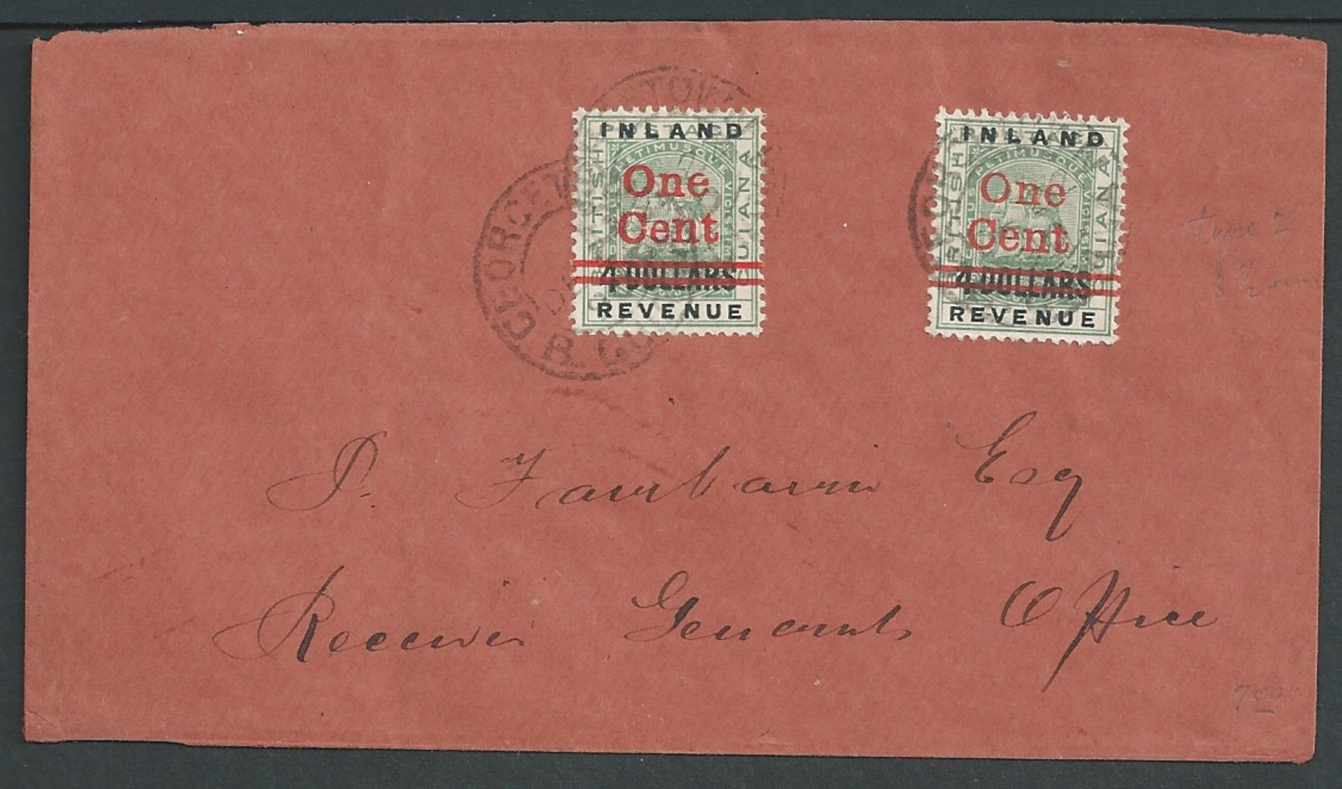 British Guiana 1890 Cover sent within Georgetown franked One Cent on $4 Inland Revenue (2).
