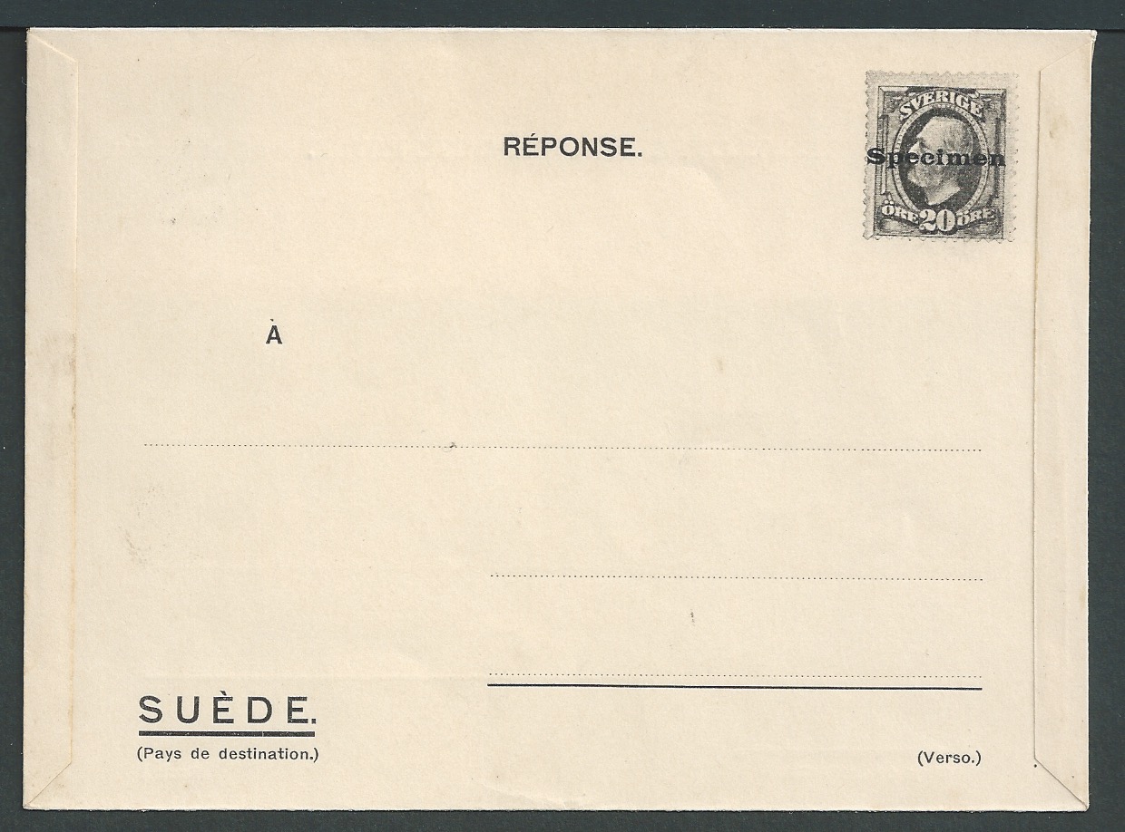 Universal Postal Union / Sweden 1906 Sweden Essay for a Reply Envelope printed in black