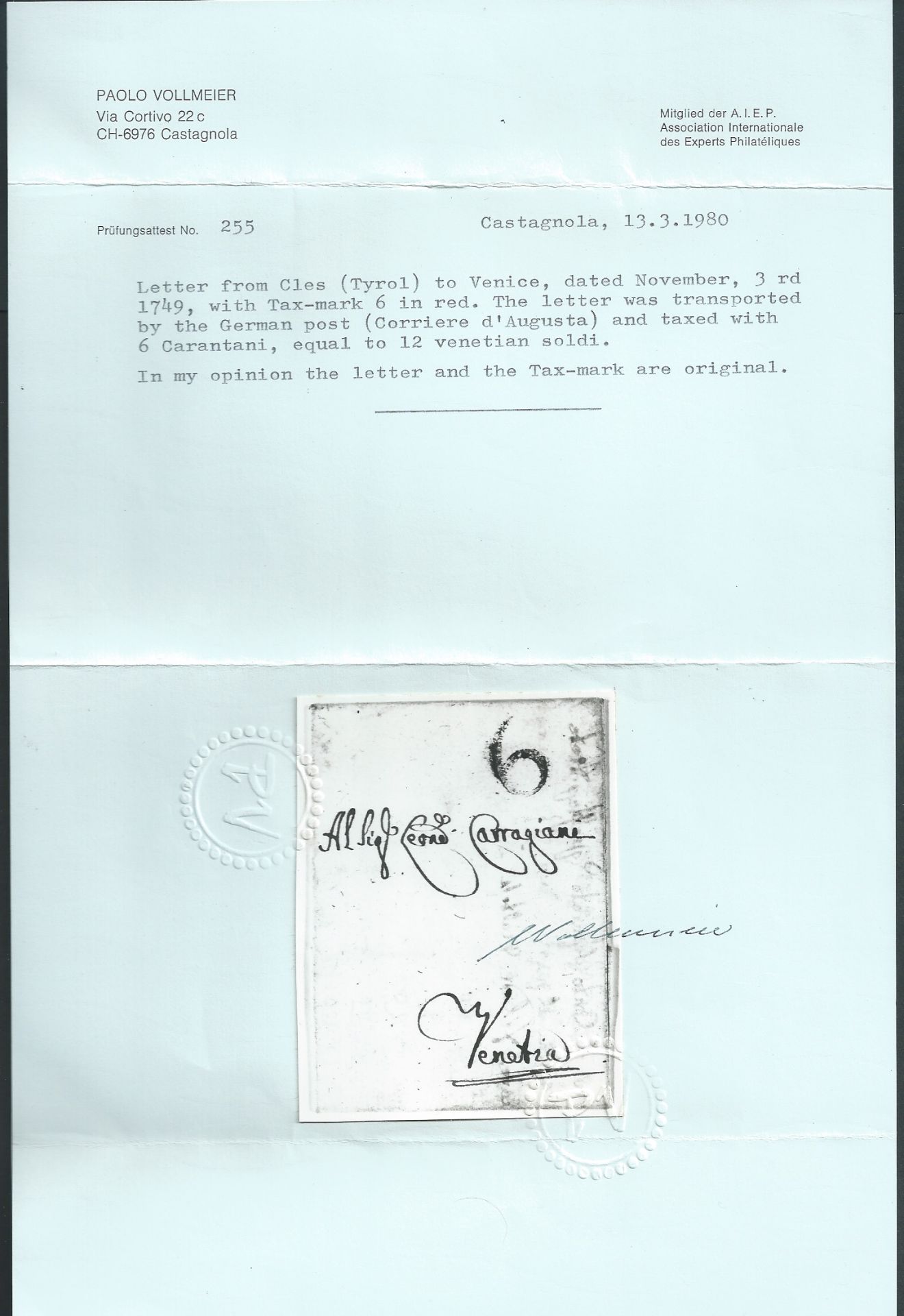 Austria 1749 Entire letter from Cles (S. Tyrol) addressed to Venice, bearing handstruck "6" Tax mark - Image 4 of 4