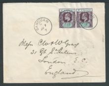 Saint Vincent 1907 Cover to London franked KEVII 1/2d pair each cancelled by "CANOUAN"