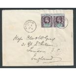 Saint Vincent 1907 Cover to London franked KEVII 1/2d pair each cancelled by "CANOUAN"