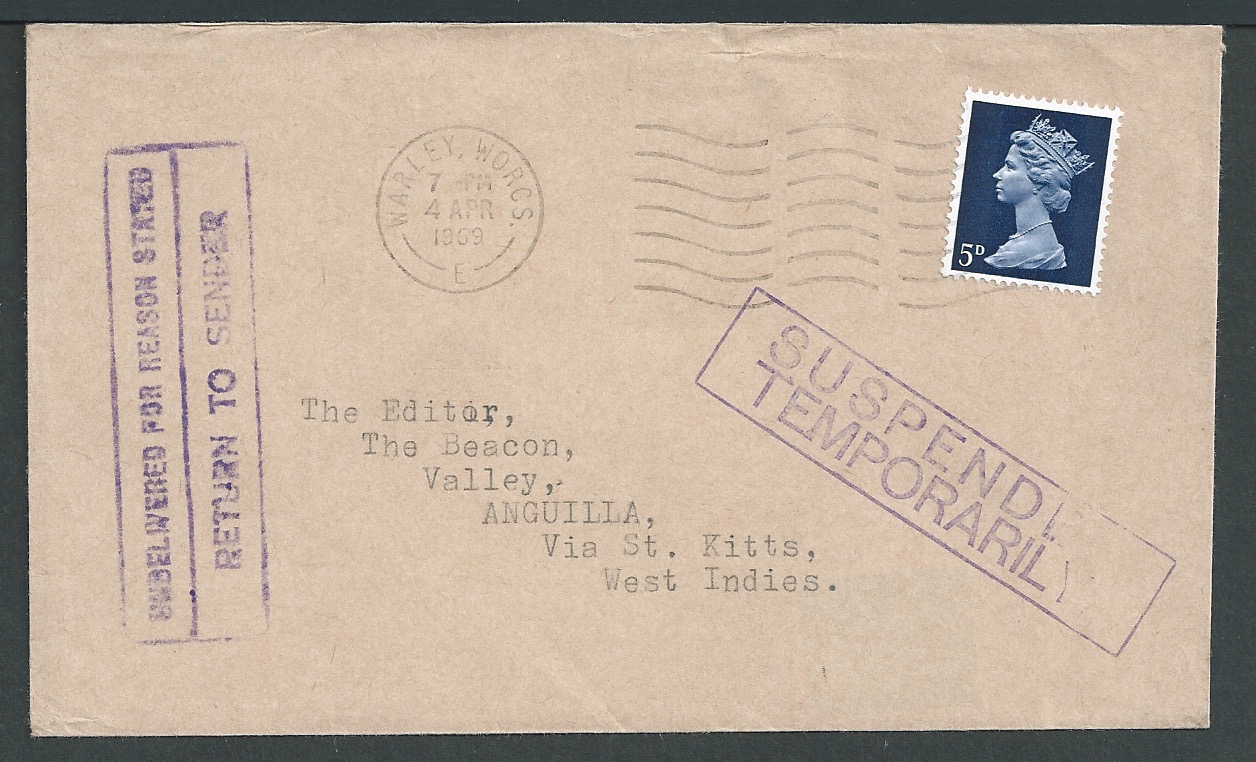 Anguilla 1969 (Apr. 4) Cover from G.B to Anguilla, returned handstamped with violet boxed