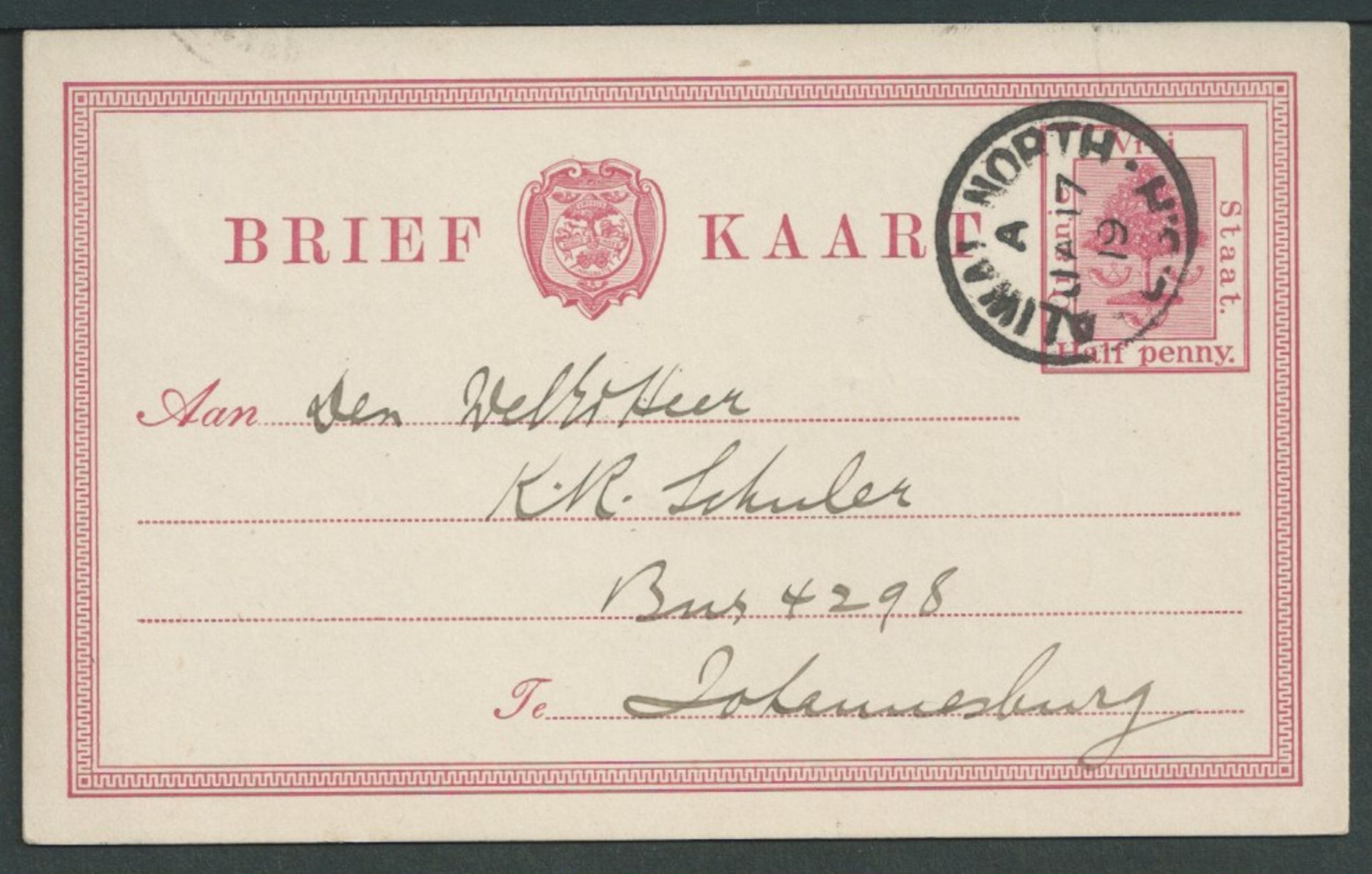 Boer War - O.F.S. Invasion of Cape 1900 O.F.S. 1/2d postal stationery Post Card to Johannesburg