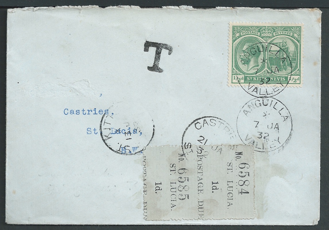 Anguilla 1932 1/2d cover to St. Lucia, cancelled ANGUILLA VALLEY with handstamped "T" on arrival