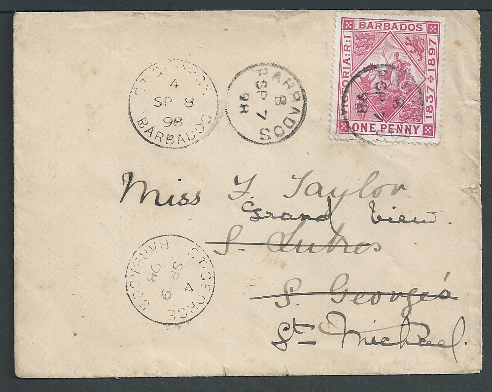 Barbados 1898 Local cover addressed to St. George's and redirected to St. Michael