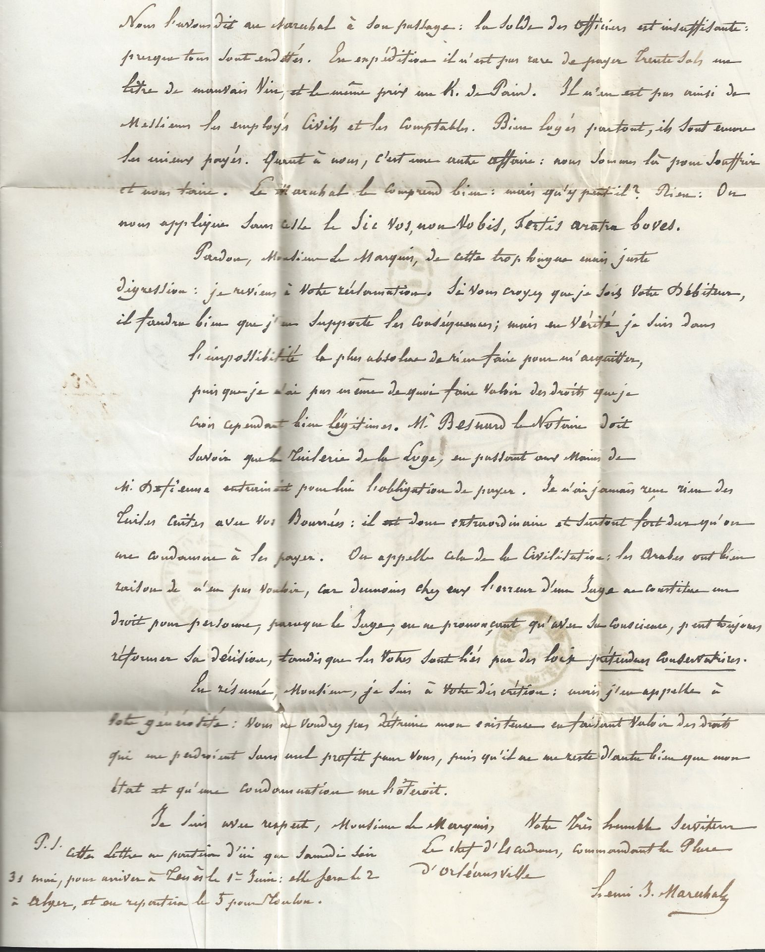 Algeria 1845 Interesting entire letter from Orleansville to Fonterau. The letter has printed headin - Image 4 of 5
