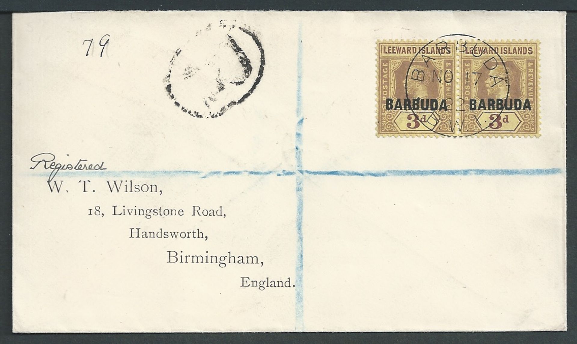 Barbuda 1922 Registered Cover to England, bearing first issue 3d pair