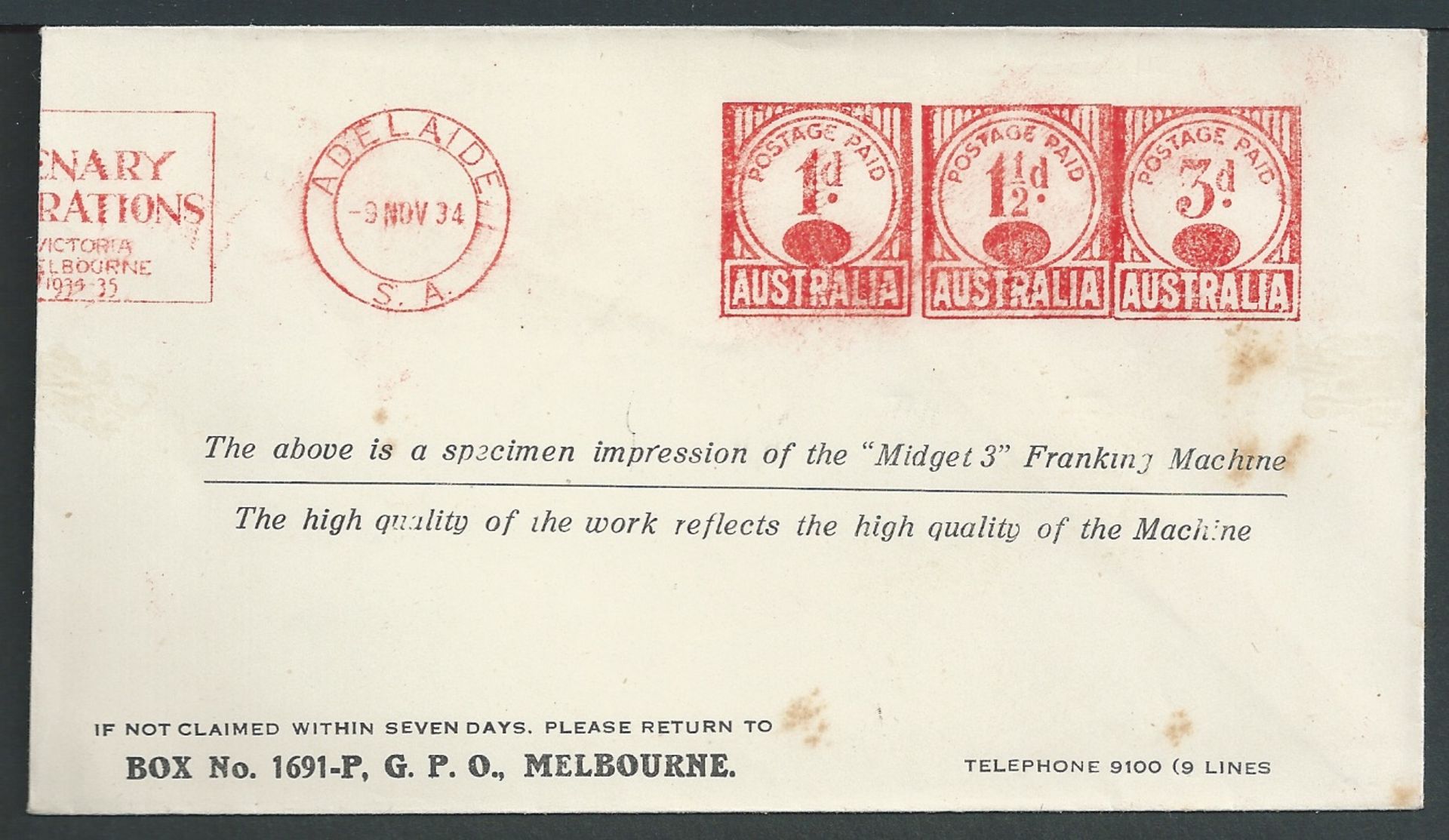 Australia 1934 Specimens of the "Midget 3" franking machine with blanked out permit number,