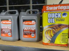 4 x ITEMS TO INCUDE 2 x 5L SWARFEGA DUCK OIL MULTI PURPOSE SERVICE SPRAY, 1 x CARLUBE 4.55L ATF...