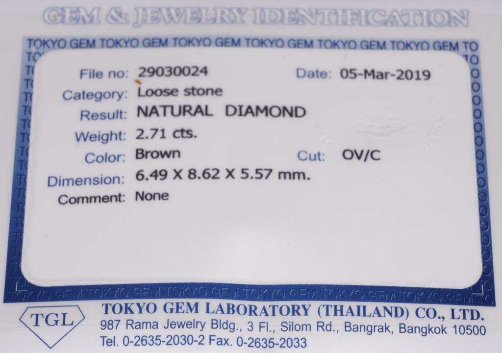 Tokyo Gem Lab Cert. Sealed 2.71 ct. Brown Diamond - Image 3 of 3
