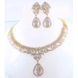 IGI Certified 14 K Yellow Gold Diamond Necklace with Chandelier Earrings