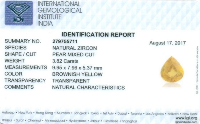 IGI Certified 3.82 ct. Untreated Zircon - Cambodia - Image 4 of 4