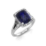 9ct White Gold Cushion Cluster Diamond And Created Ceylon Sapphire Ring 0.11 Carats