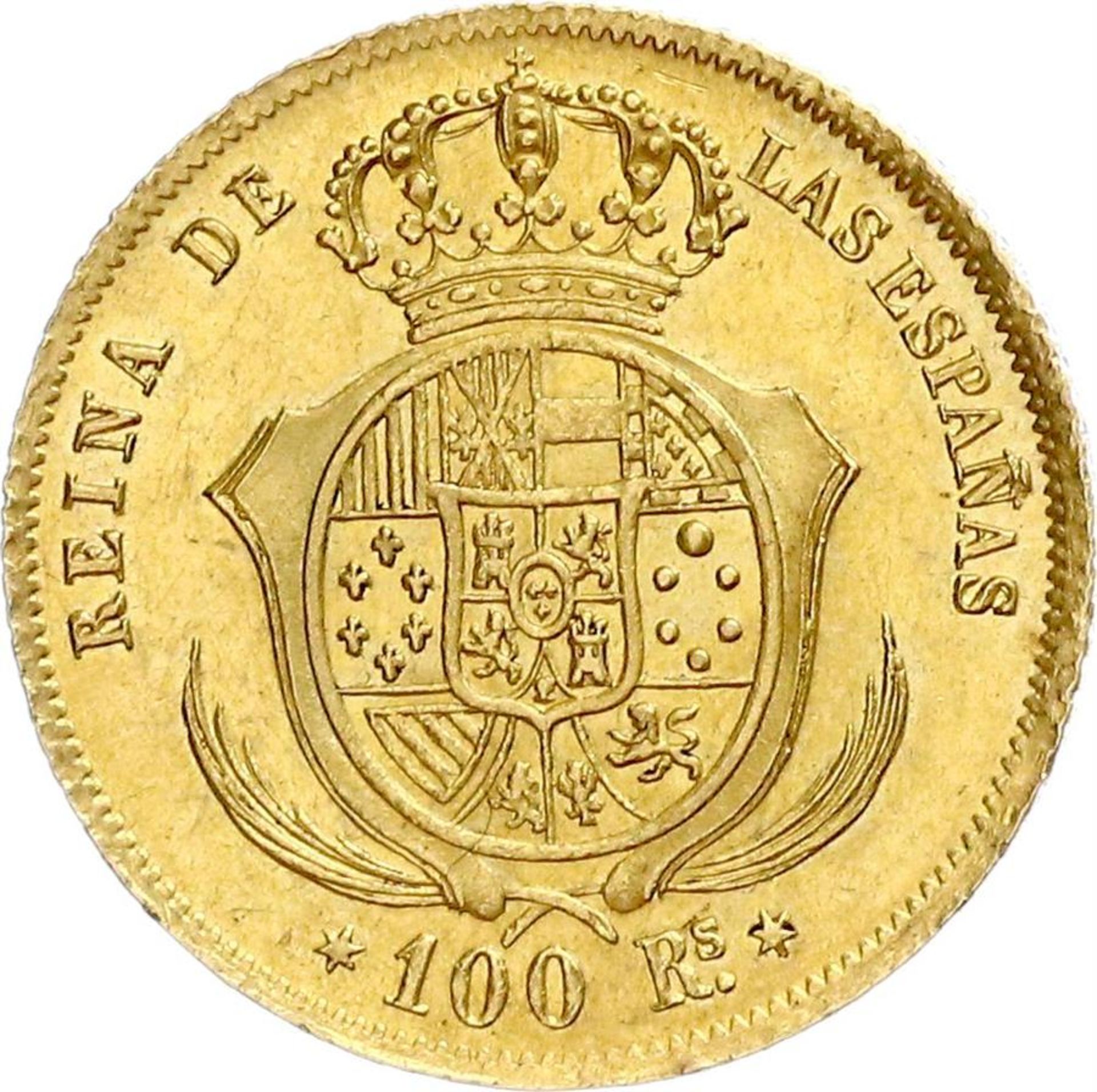 Isabel II 1856 - 100 Reales, Gold Coin - Rare. - Image 3 of 3