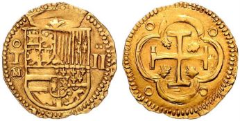 1556 T-M - NGC, Phillip II Gold Cob 2 Escudos