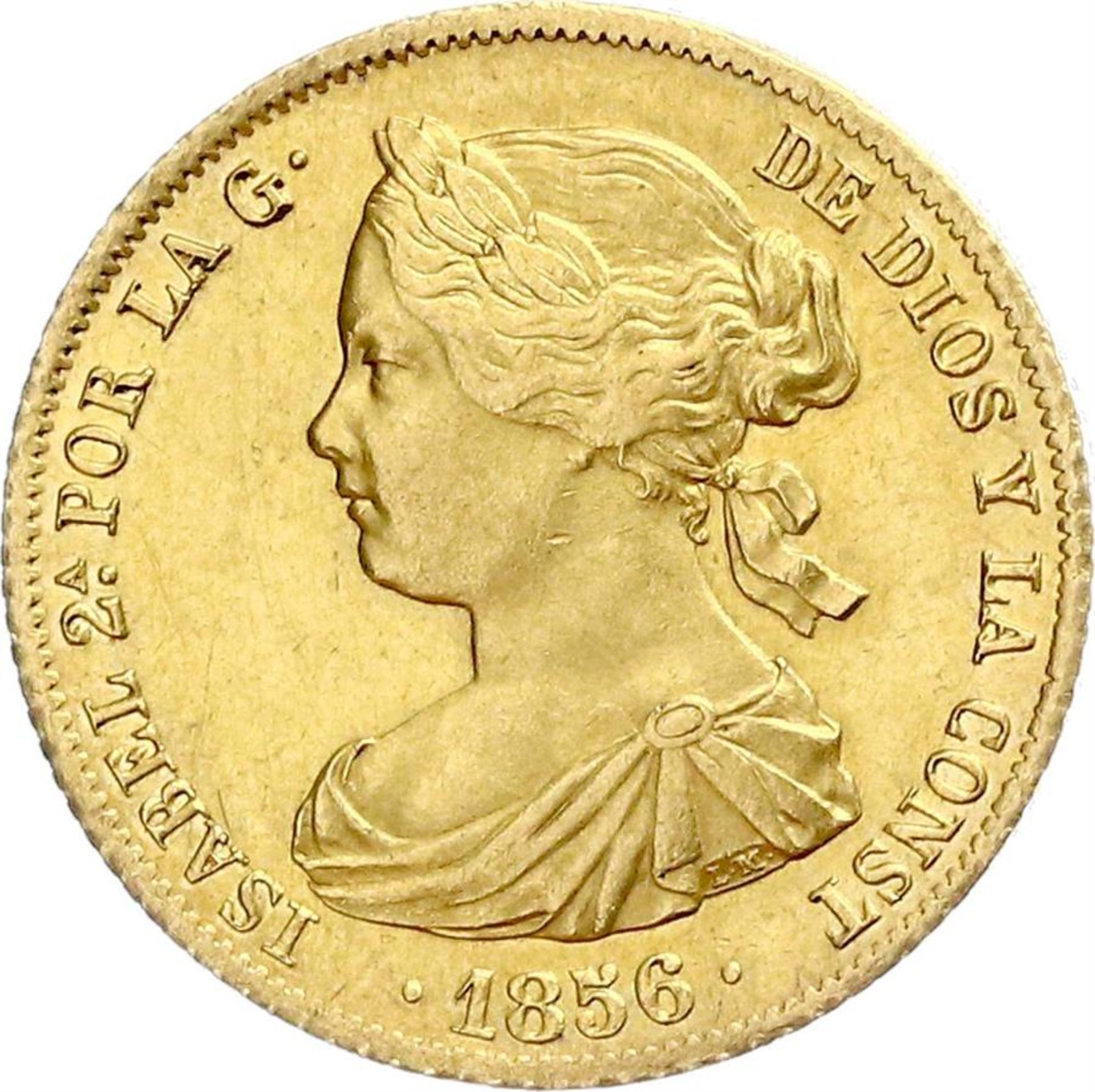 Isabel II 1856 - 100 Reales, Gold Coin - Rare. - Image 2 of 3