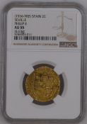 Philip II gold Cob 2 Escudos 1591/0-H AU55