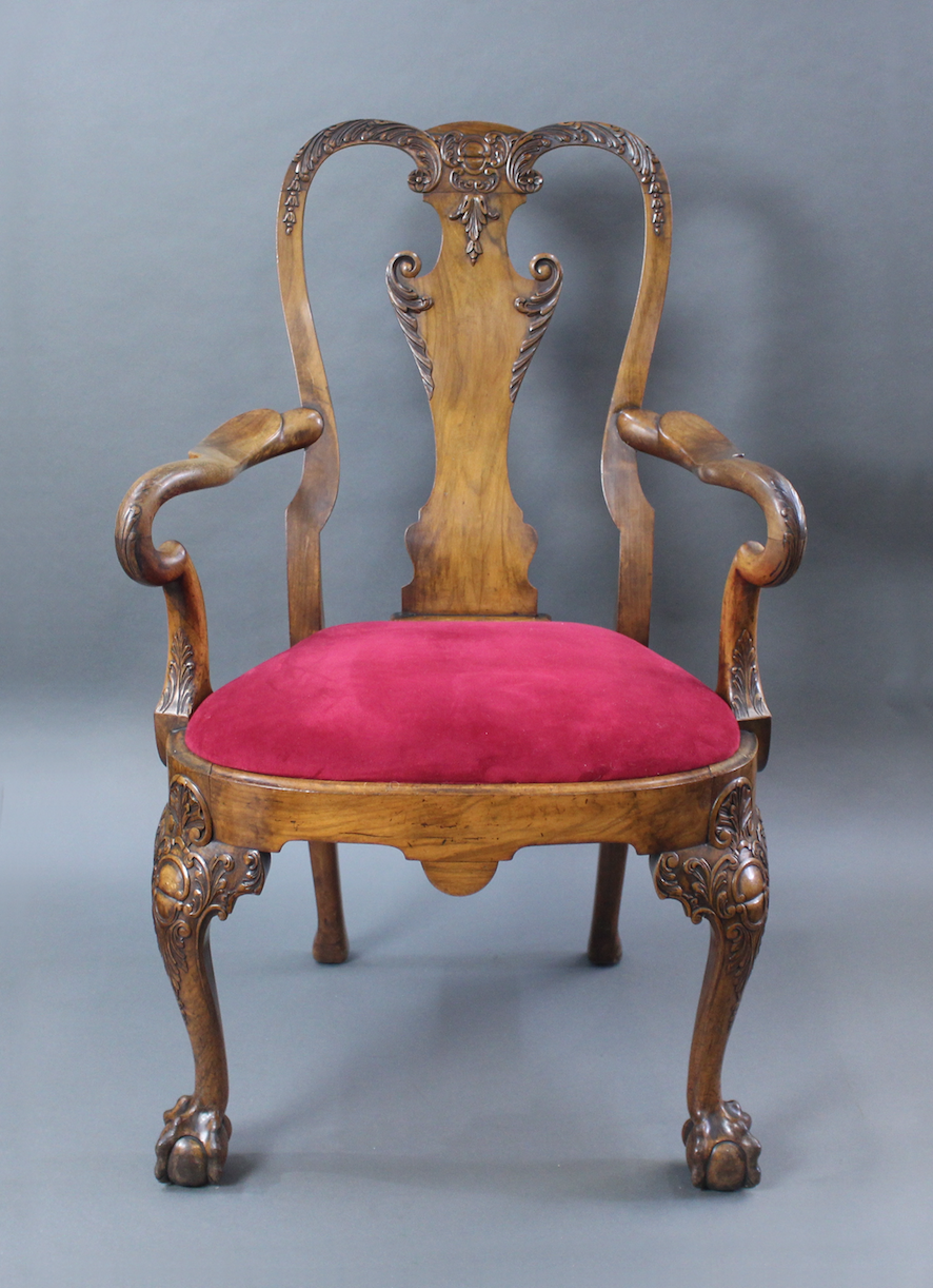 Set of 6 Early 20th c. Georgian Style Carved Walnut Dining Chairs - Image 4 of 13