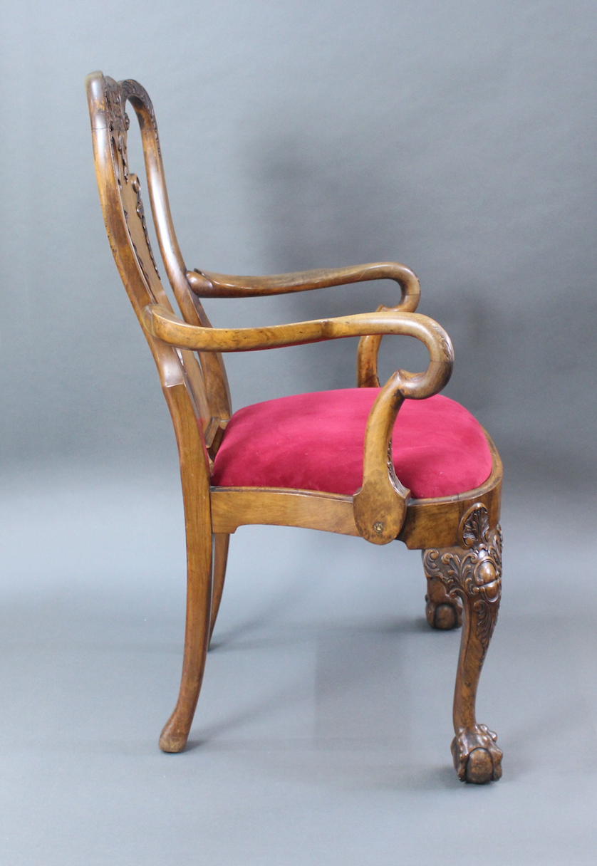 Set of 6 Early 20th c. Georgian Style Carved Walnut Dining Chairs - Image 6 of 13