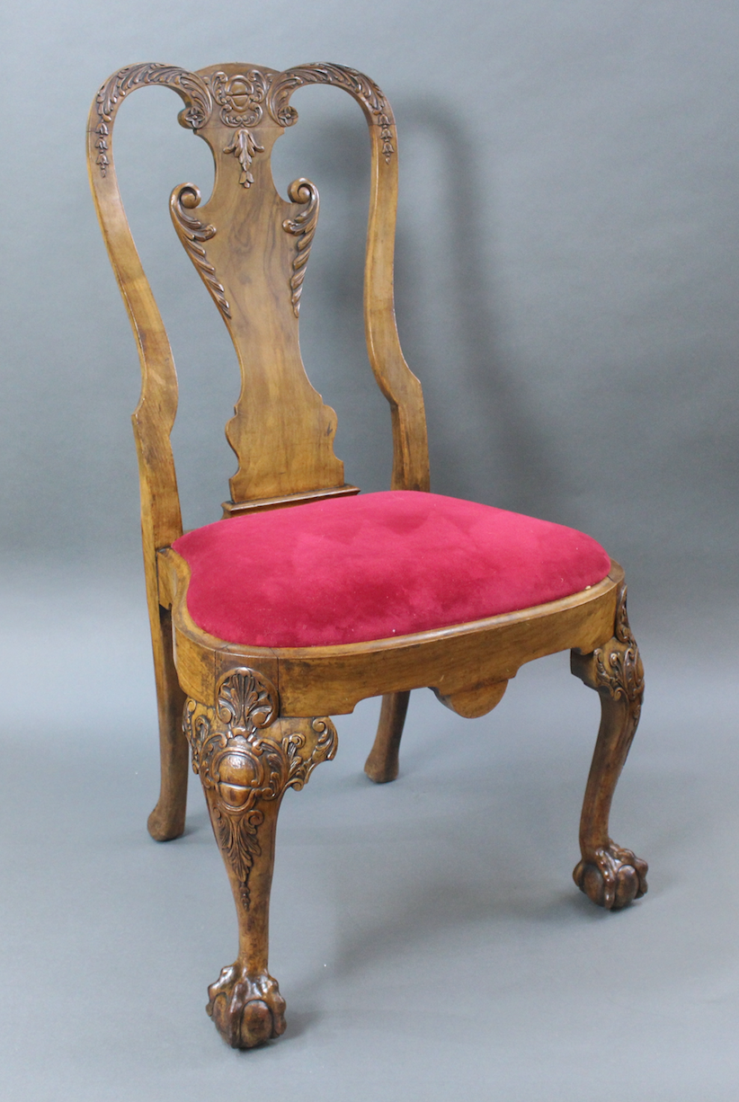 Set of 6 Early 20th c. Georgian Style Carved Walnut Dining Chairs - Image 2 of 13