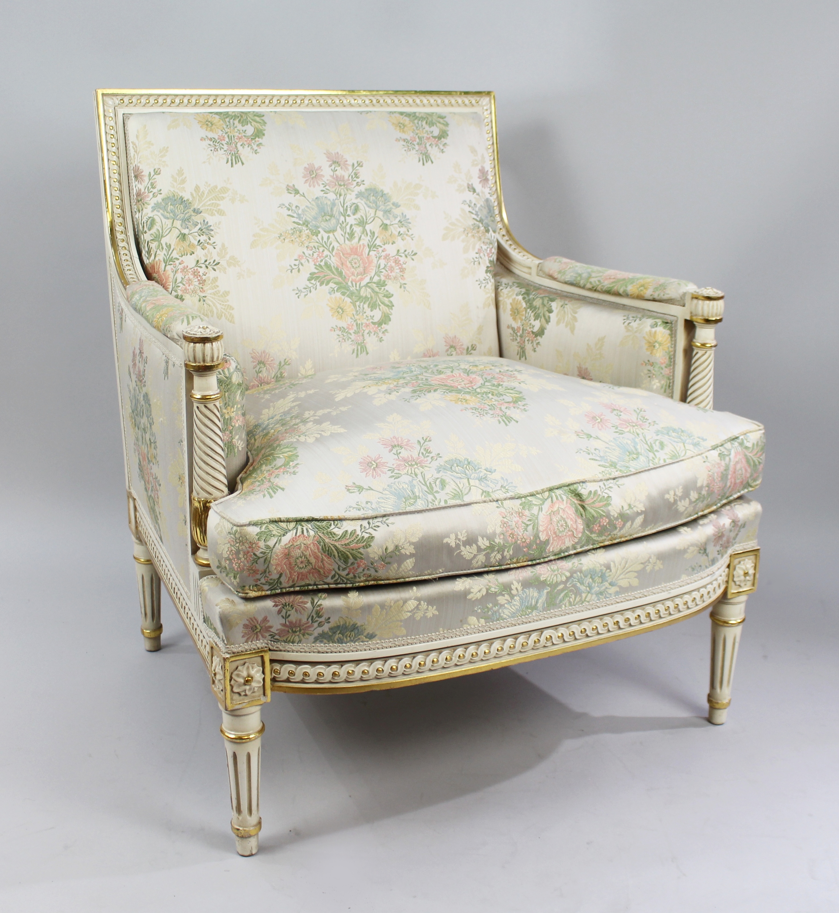 Italian Painted & Gilt Carved Wood Silik Upholstered Armchair