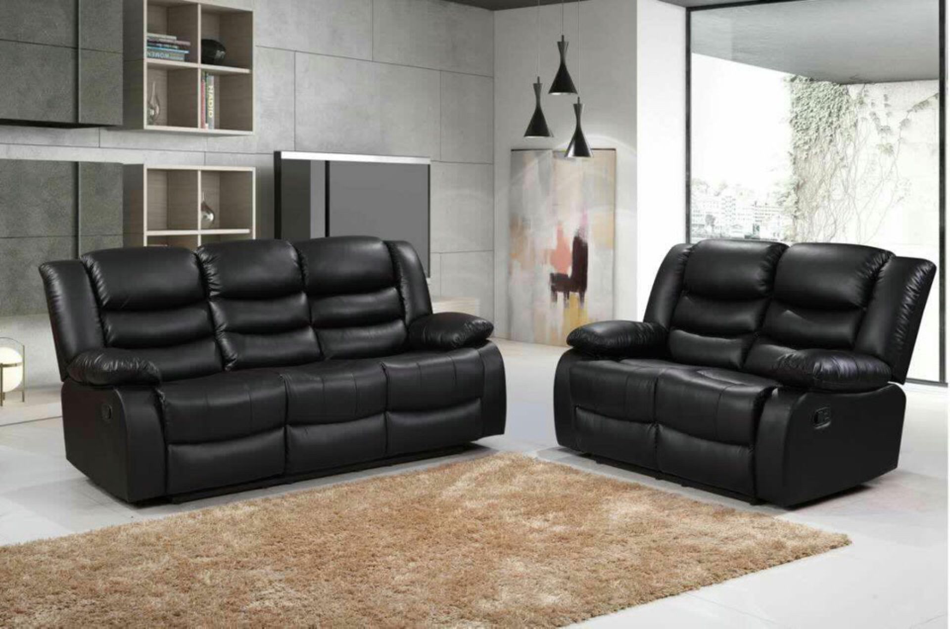 Brand New Boxed 3 Seater Plus 2 Seater Miami Black Leather Reclining Sofas