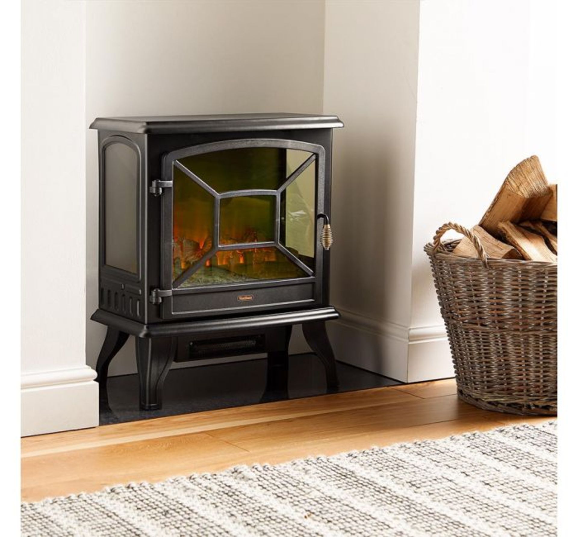 (HZ7) 1800W Black Panoramic Stove Heater Three tempered glass panels give a panoramic view of ...