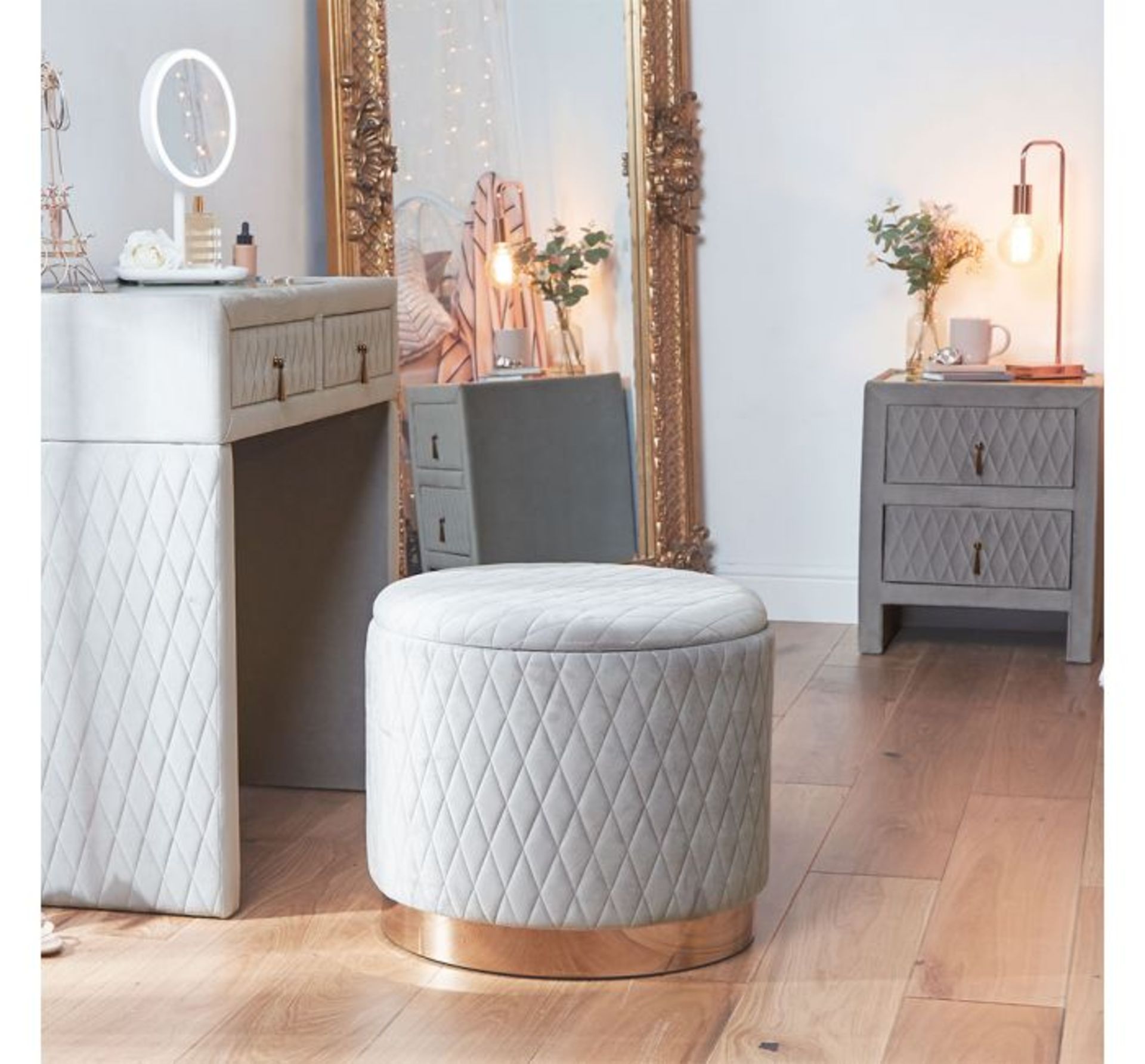 (HZ128) Quilted Storage Stool. As gorgeous to look at as it is to sink into, the plush grey vel...