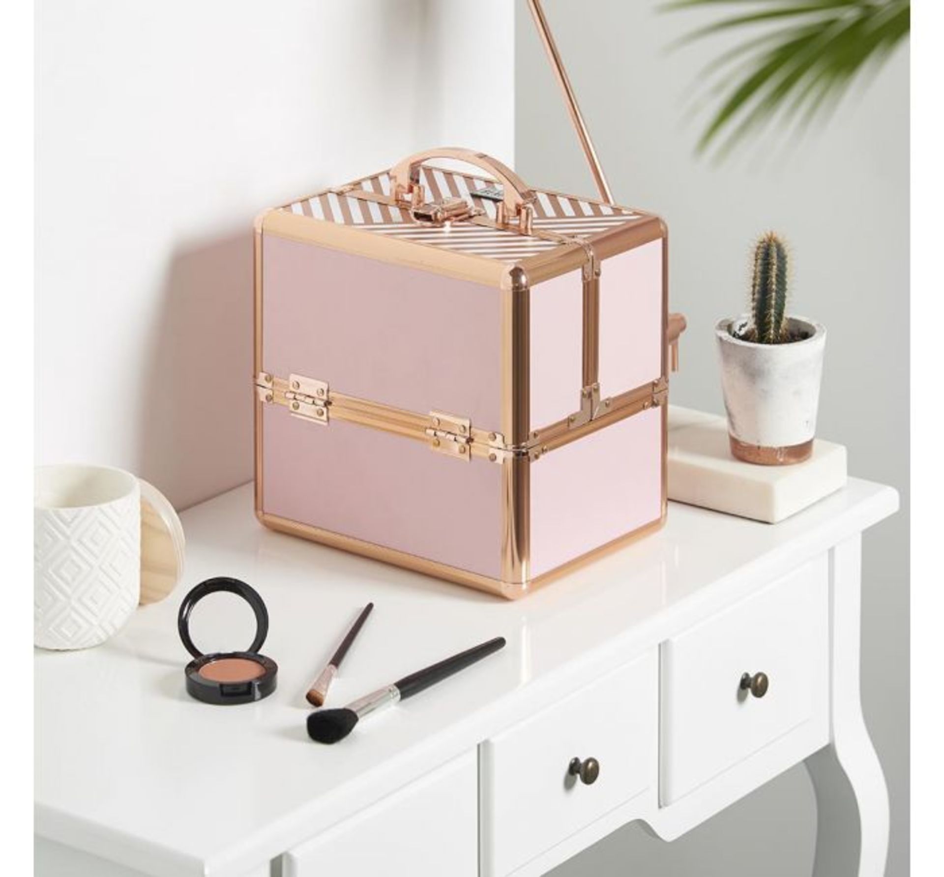 (HZ13) Small Blush Pink Makeup Case. Spacious design with four fixed dividers which create six ...