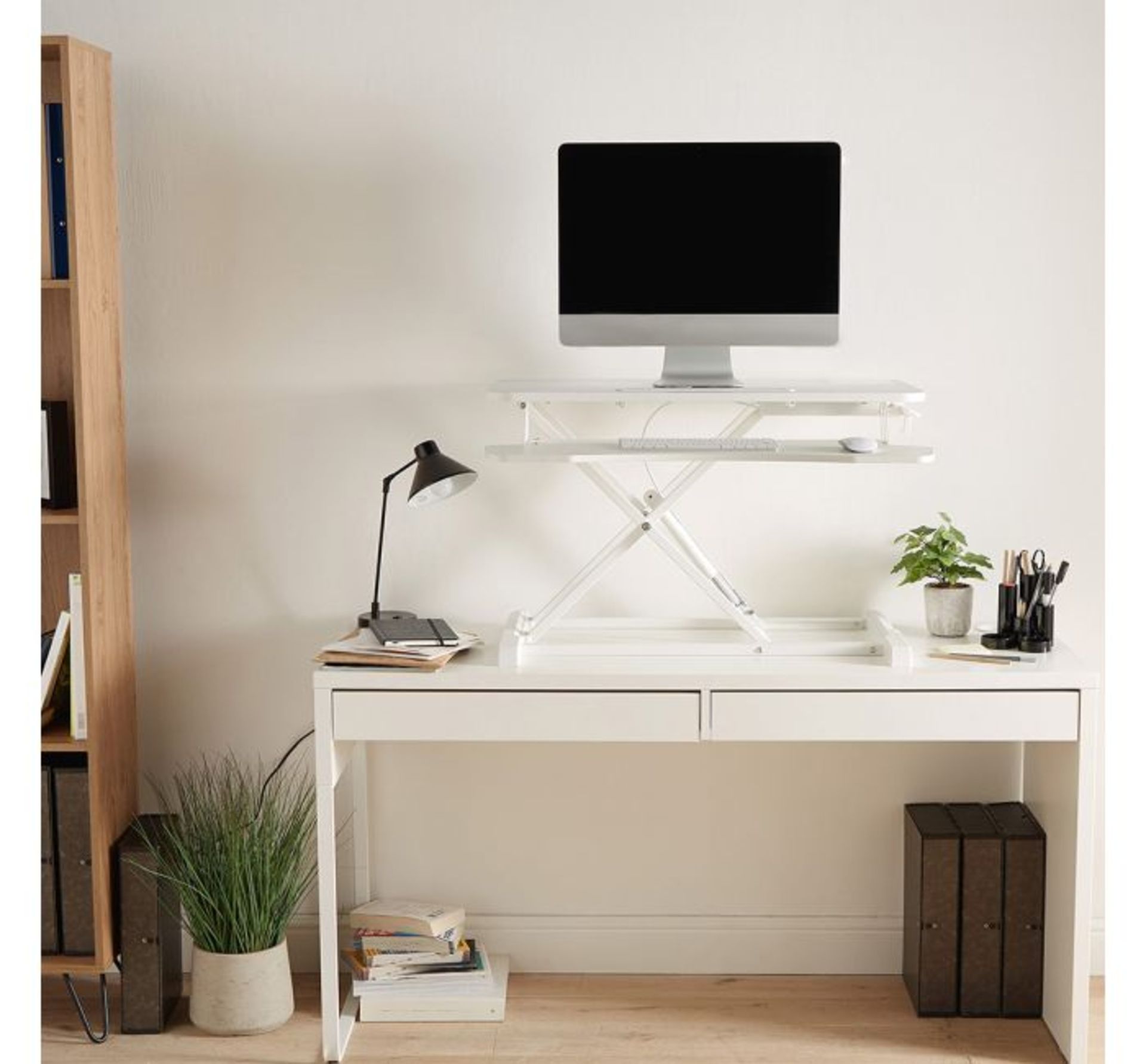 (HZ83) Sit/Stand Rising Workstation – White Sits securely atop your desk with quick change b...