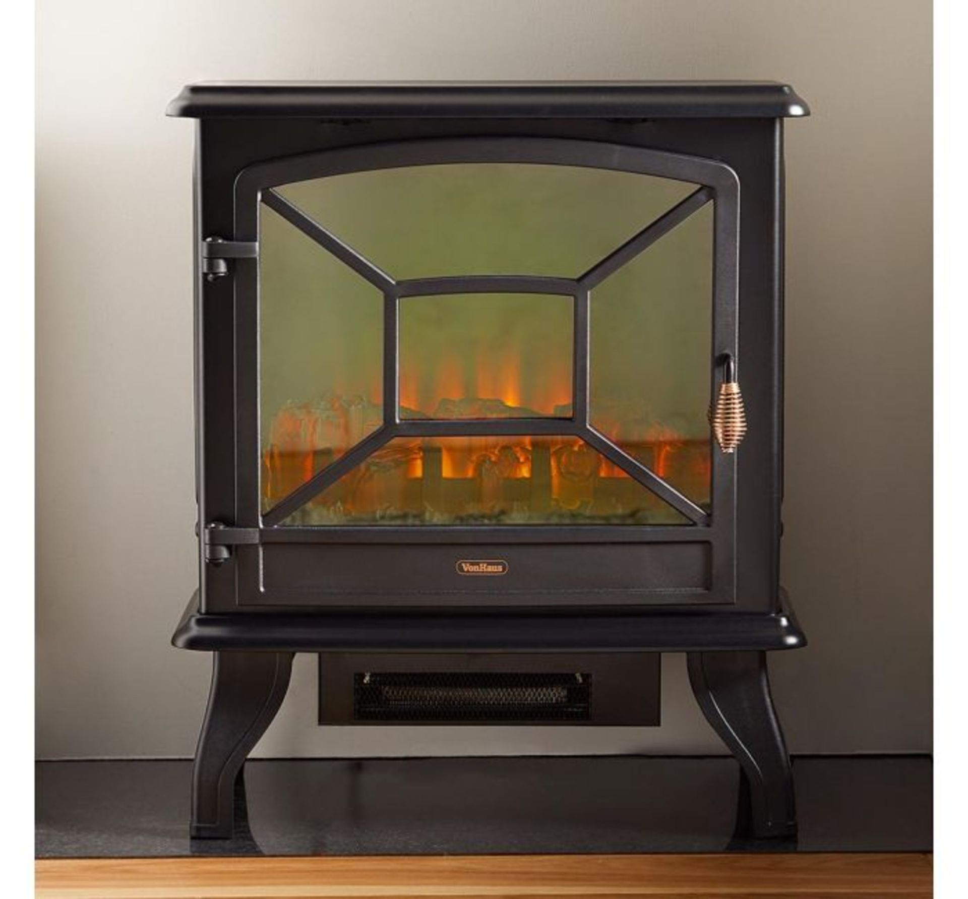 (HZ99) 1800W Black Panoramic Stove Heater Three tempered glass panels give a panoramic view of...