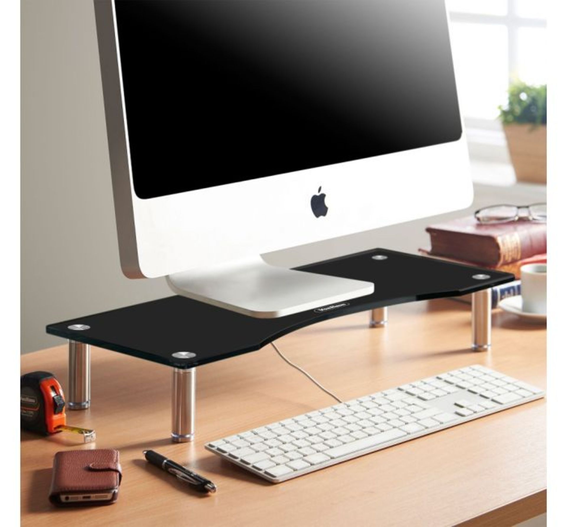 (HZ69) Sml Glass Monitor Stand - Black Made from strong 8mm thick clear tempered glass measuri...