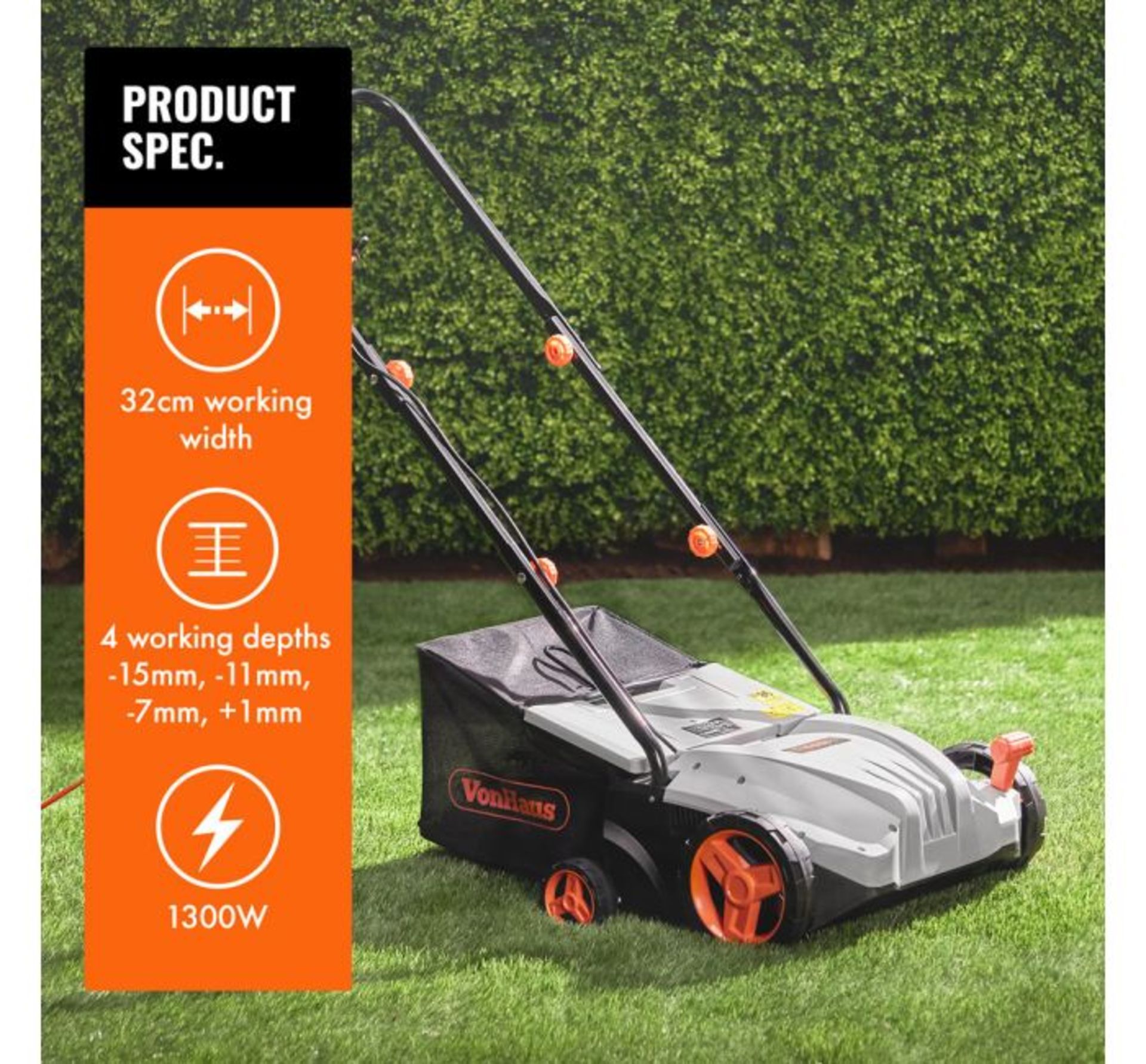 (HZ119) 1300W Lawn Rake Working width of 32cm is ideal for clearing small to mid-size lawns qu...