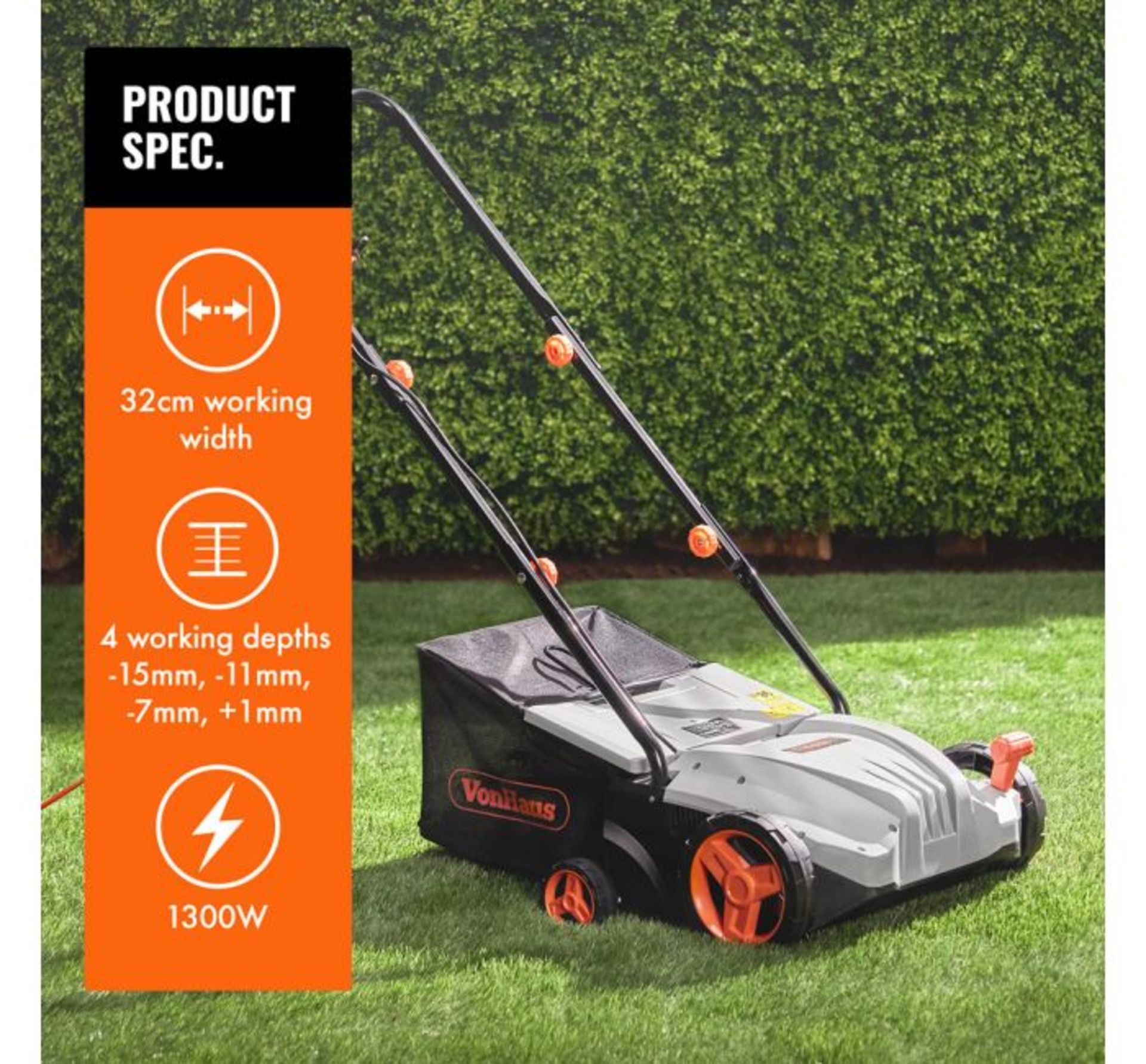 (F38) 1300W Lawn Rake Working width of 32cm is ideal for clearing small to mid-size lawns quic...