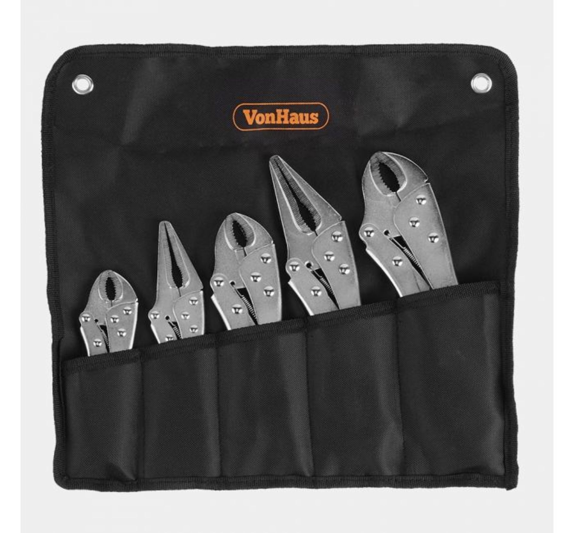 (F17) 5pc Locking Plier Set Includes 2 long nose locking pliers (6”/150mm, 9”/225mm) and 3... - Image 2 of 4