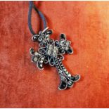 Ornate Diamante Cross Pendant Black with White Stones