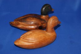 2 x Vintage Folk Art Wooden Hand Carved Duck Decoy with Glass Eyes.