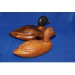 2 x Vintage Folk Art Wooden Hand Carved Duck Decoy with Glass Eyes.