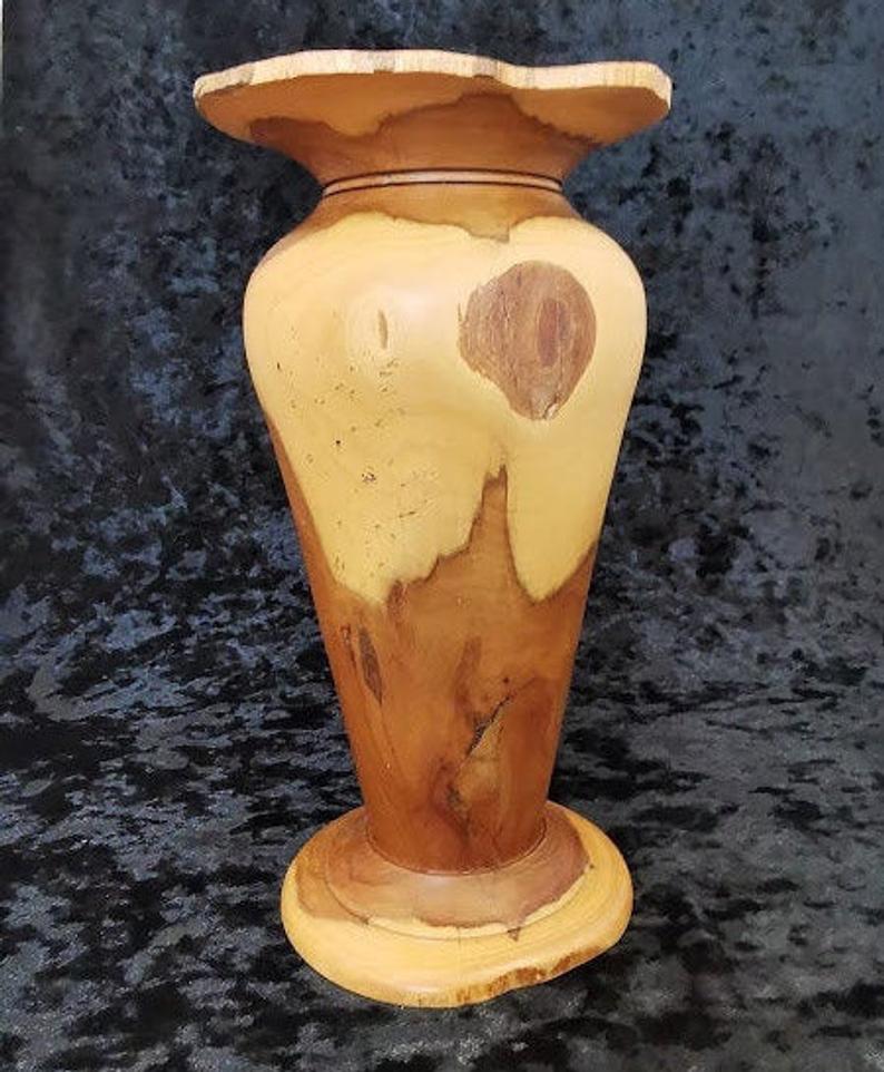 Hand turned wood vase rich natural colours interesting grain paterns decorative