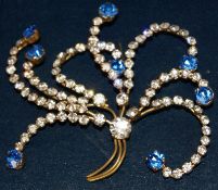 Vintage Spray Brooch 1940s 1950s Clear and Blue stones