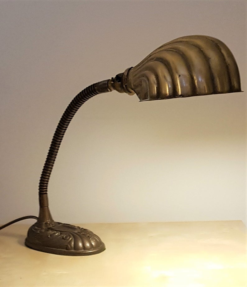 Vintage Brass Goose neck Desk Table Lamp With Brass Clam Shell Shade - Image 2 of 4