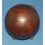 Art Deco Tobacco Jar Round Spherical Wooden in the Shape of Bowls Ball With Brass Feet