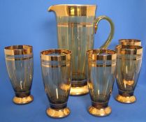 Vintage Retro Pitcher Jug Set Gold Gilt 50s 60s Drinking Glasses Lemonade Cordial Set