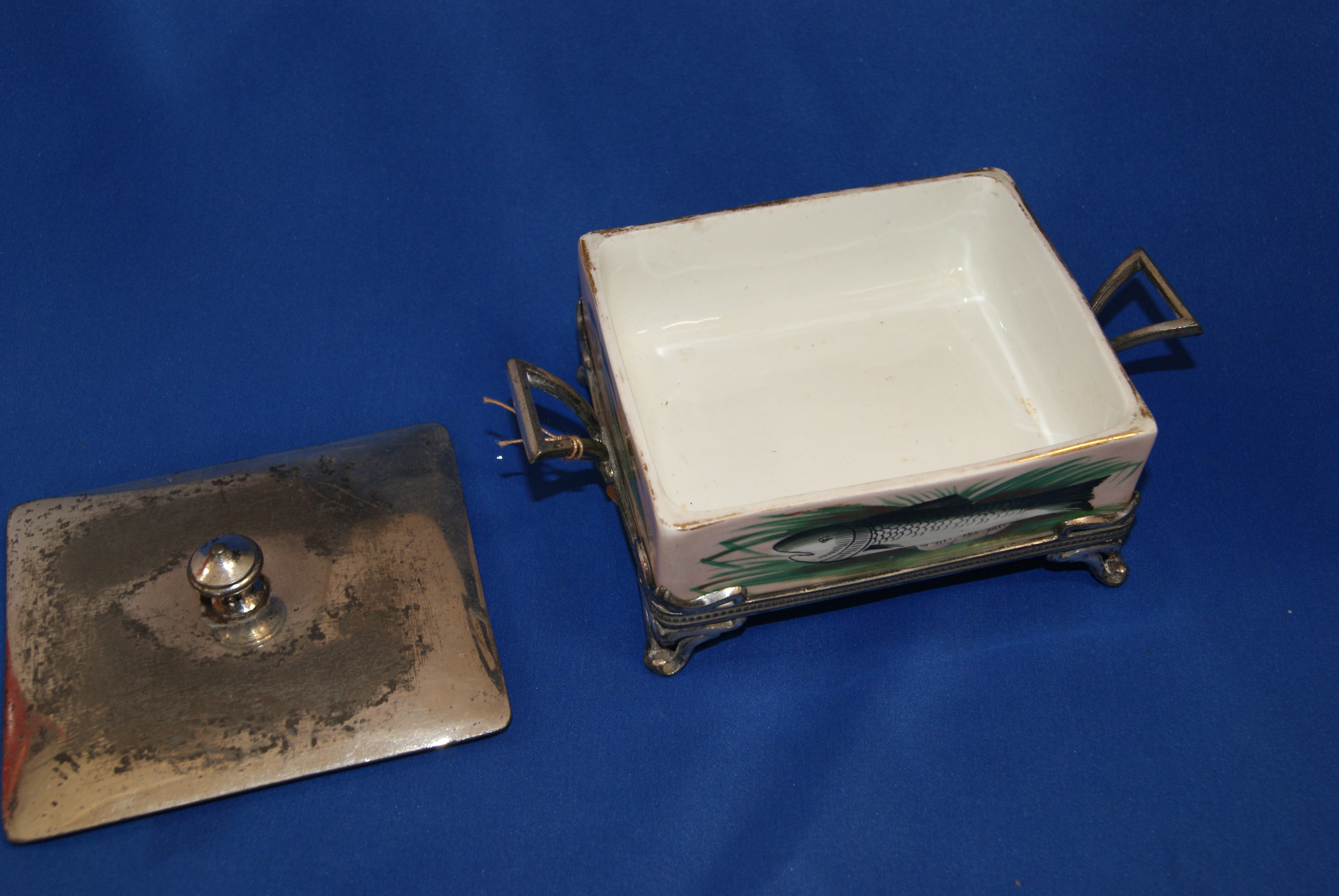 Antique R. Broadhead & Co silver plate and pottery sardine box. - Image 2 of 4