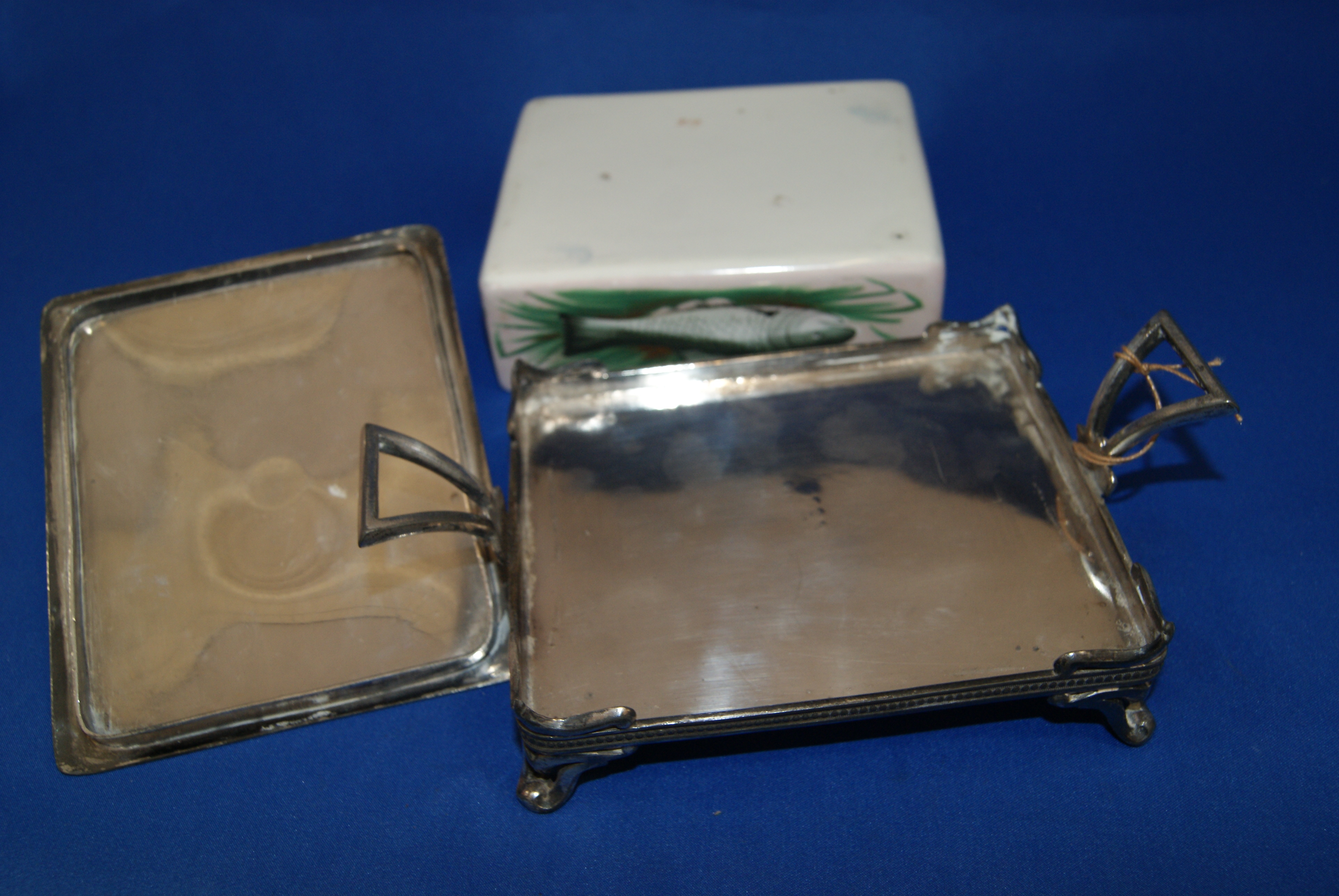 Antique R. Broadhead & Co silver plate and pottery sardine box. - Image 4 of 4