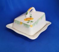 Art Deco Cheese Dish Ivory Ware Ceramic with Cover Orange/Green 1930s Clarice Cliff Colours